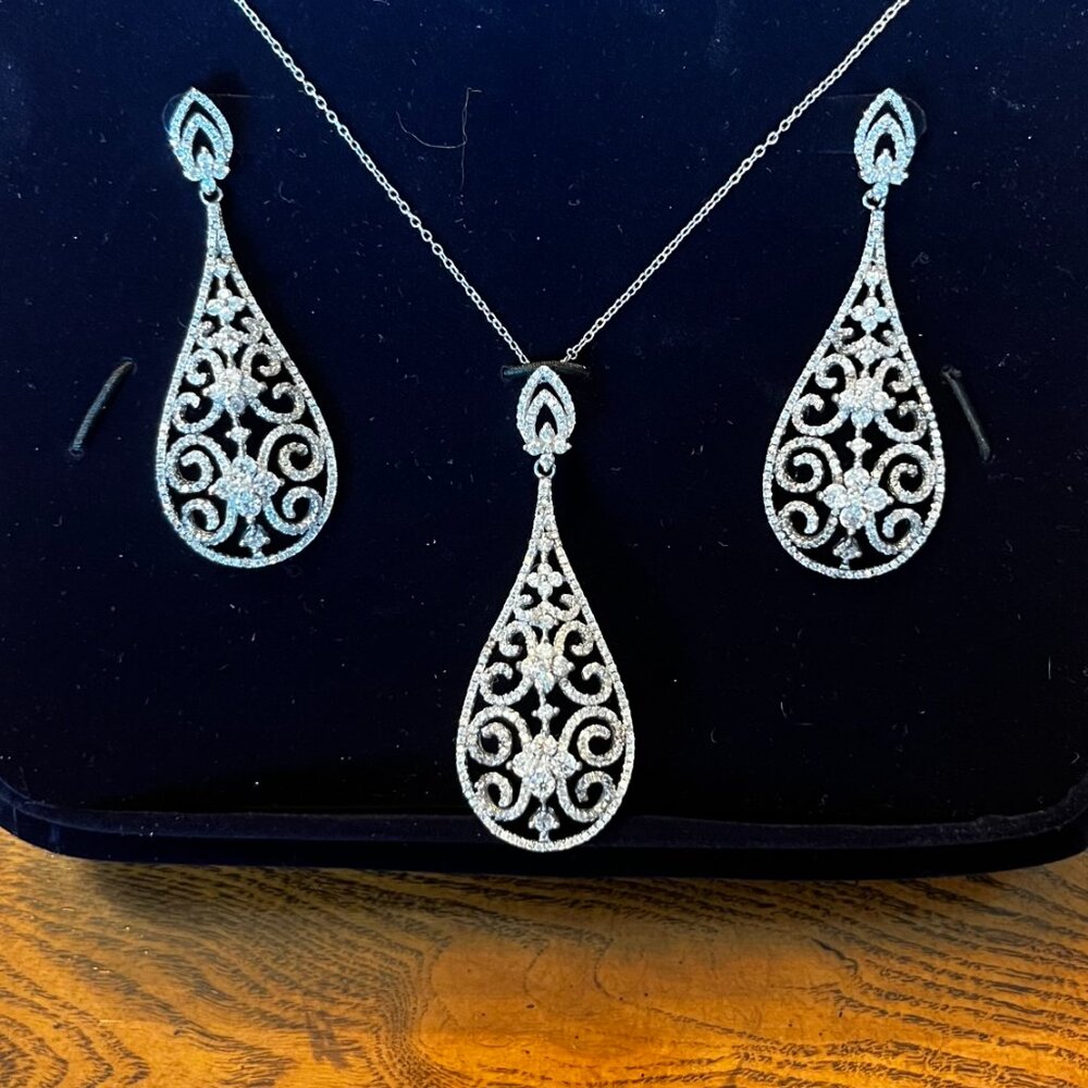 ✨ Stauer Filigree Teardrop CZ Necklace & Earrings Set – Silver-Tone Brilliance